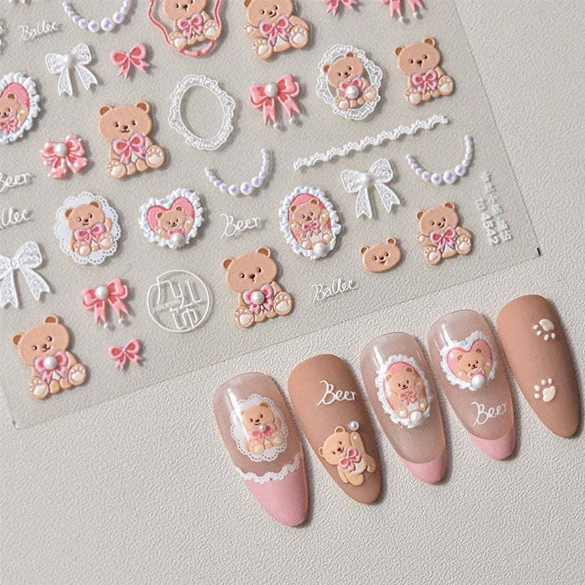 Retro Love Heart White Lace flower Bowknot Tie Pink Bear Flower Strawberry Adhesive Nail Art Stickers Rhinestone Manicure Decals (ONLINE ORDER ONLY)