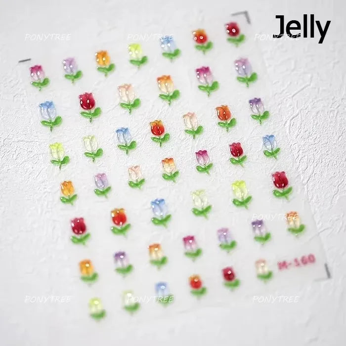 Dreamy White Lace Bowknot Purple Pink Gradual Tulip Flower Butterfly Garden Relief Adhesive Nail Art Stickers Manicure Decals (Online Order Only)