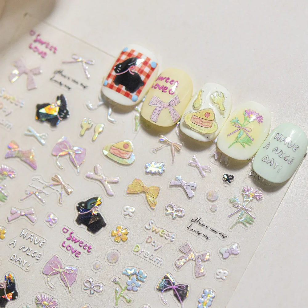 Shiny Black Rabbit Bowknot Flower Cake Fork Spoon 5D Soft Embossed 3D Flat Self Adhesive Nail Art Stickers Lovely Manicure Decal (ONLINE ORDER ONLY)