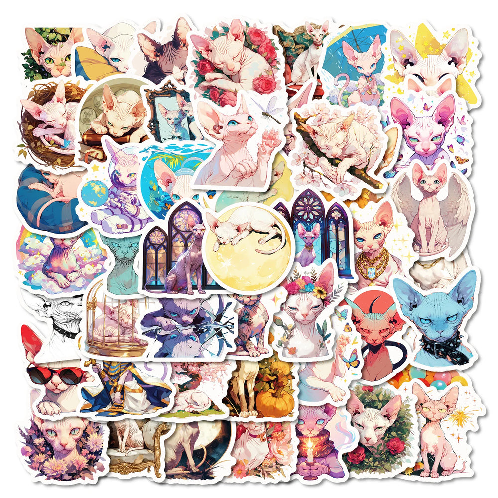 50Pcs Cartoon Hairless Cat Stickers for Helmet, Wall, Desktop Decoration (ONLINE ORDER ONLY)