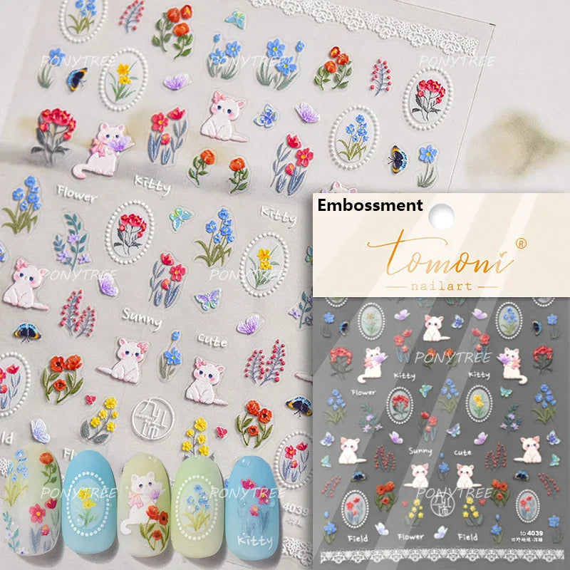Field Bouquet Canola Flowers Daisy Tulip Garden Lavender Spring Embossed Reliefs Self Adhesive Nail Art Stickers Manicure Decals (ONLINE ORDER ONLY)