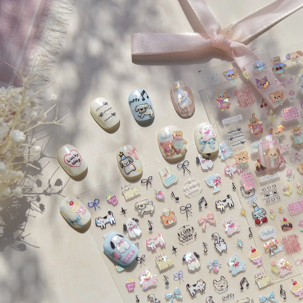 Graffiti Bear Cat Kitten Dog Puppy Bowknot Cake Tulip Note Star Cherry Cup Adhesive Nail Art Decoration Sticker Manicure Decals (ONLINE ORDER ONLY)