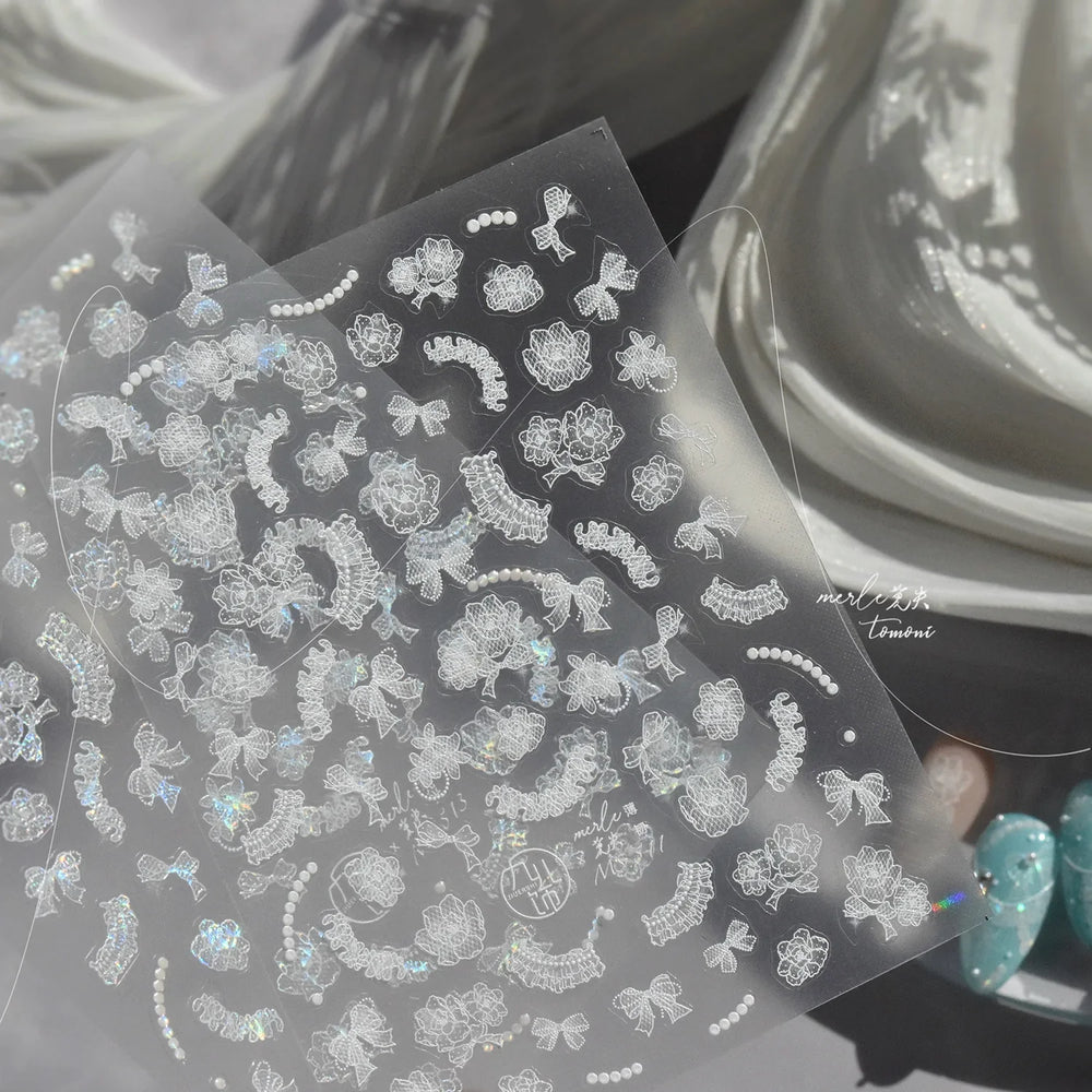 Cute 3D White Rose Flower Lace Bud Silk Bowknot Butterfly Dreamy Shiny Relief Chic Self Adhesive Nail Art Sticker Manicure Decal (ONLINE ORDER ONLY)
