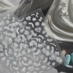 Cute 3D White Rose Flower Lace Bud Silk Bowknot Butterfly Dreamy Shiny Relief Chic Self Adhesive Nail Art Sticker Manicure Decal (ONLINE ORDER ONLY)