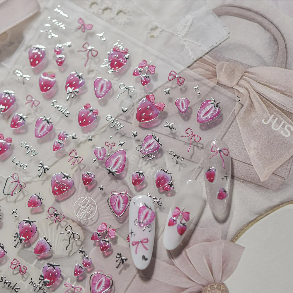 Cute Pink Tempting Strawberries Attractive Fruit Cutting Line Bowknot Star Silver Stamping Chic Nail Art Stickers Manicure Decal (ONLINE ORDER ONLY)