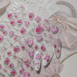 Cute Pink Tempting Strawberries Attractive Fruit Cutting Line Bowknot Star Silver Stamping Chic Nail Art Stickers Manicure Decal (ONLINE ORDER ONLY)
