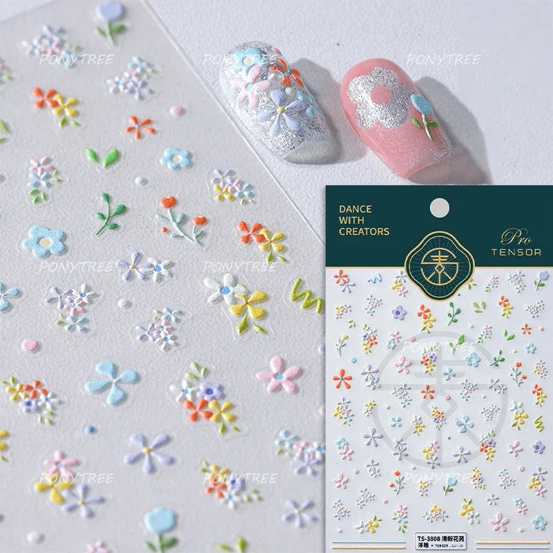 Mini Colourful Flower Black Yellow Petal Wreath 5D Chic Embossed Reliefs Delicate Self Adhesive Nail Art Stickers Manicure Decal (Online Order Only)