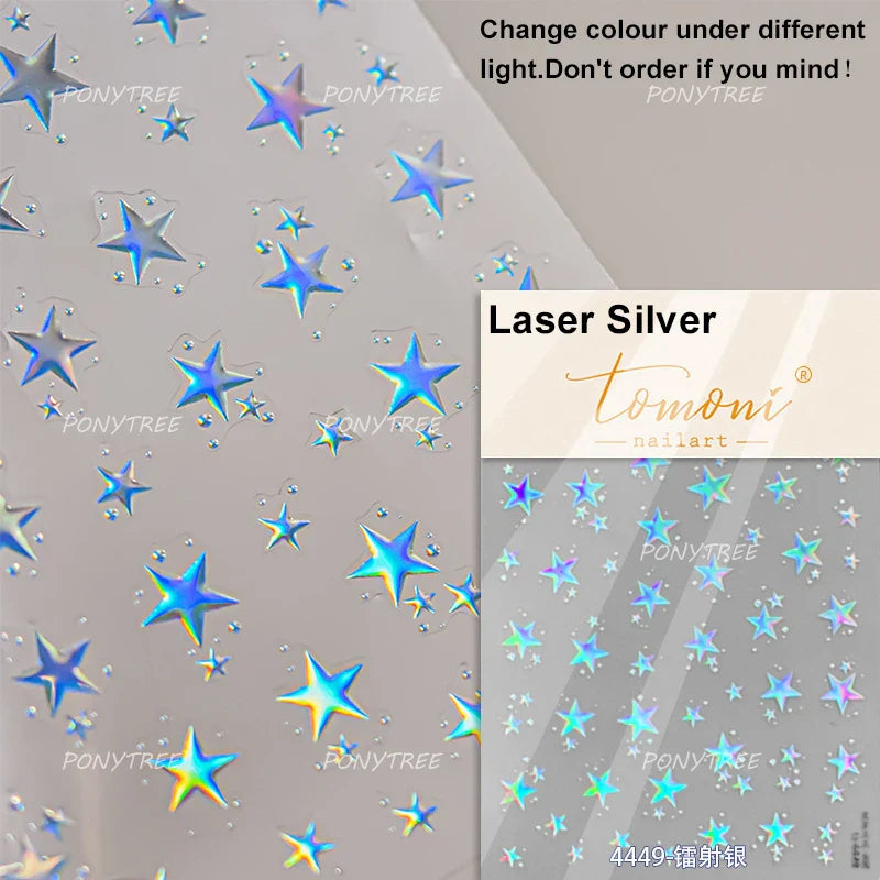 Irregular Stars Red Silver Five-pointed Star Meteor Shiny 5D Self Adhesive Nail Art Stickers Romantic Rhinestone Manicure Decals (ONLINE ORDER ONLY)
