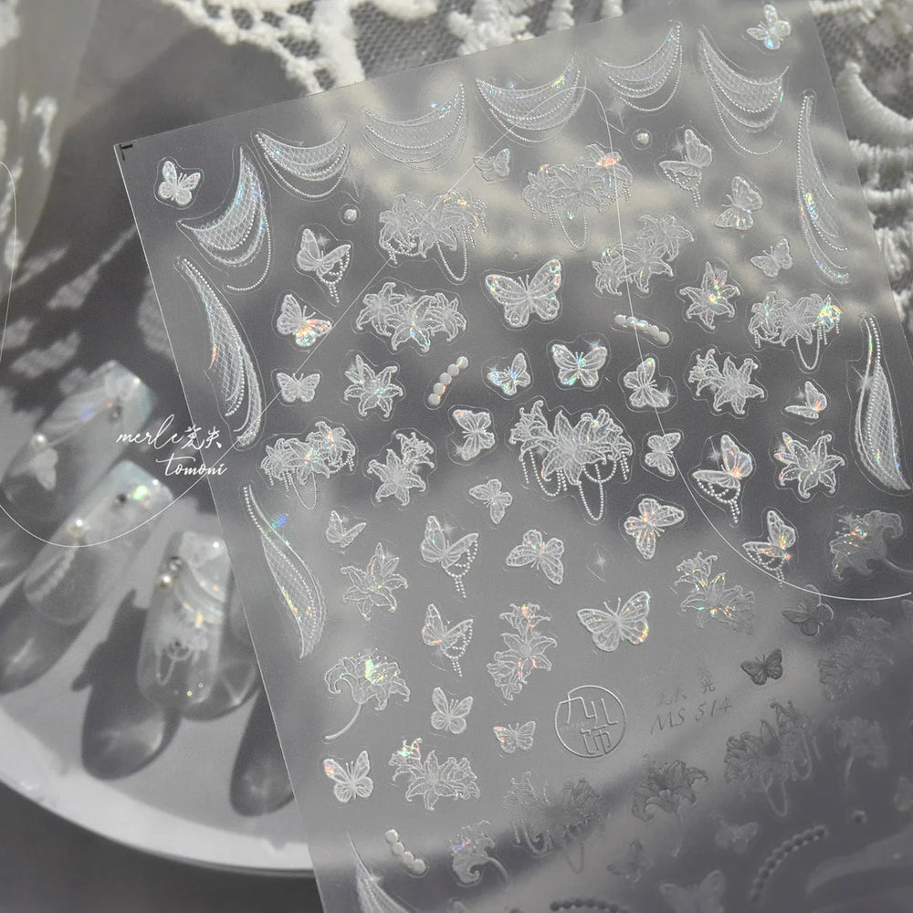 Cute 3D White Rose Flower Lace Bud Silk Bowknot Butterfly Dreamy Shiny Relief Chic Self Adhesive Nail Art Sticker Manicure Decal (ONLINE ORDER ONLY)