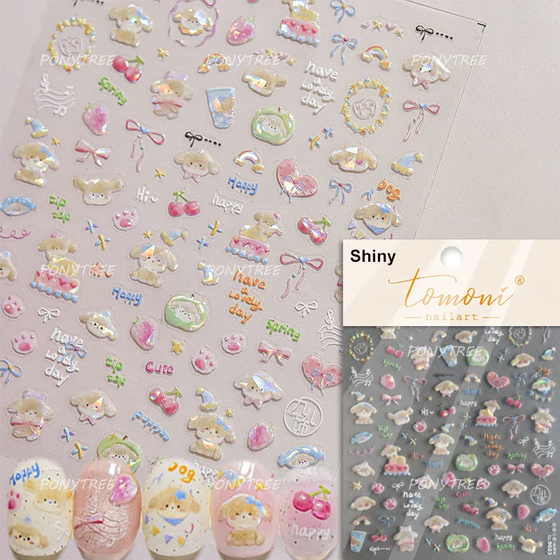 Small Animals Meeting Dog Cat Kitten Bowknot Cherry Butterfly Wreath Paw Star Hat Self Adhesive Nail Art Stickers Manicure Decal (ONLINE ORDER ONLY)