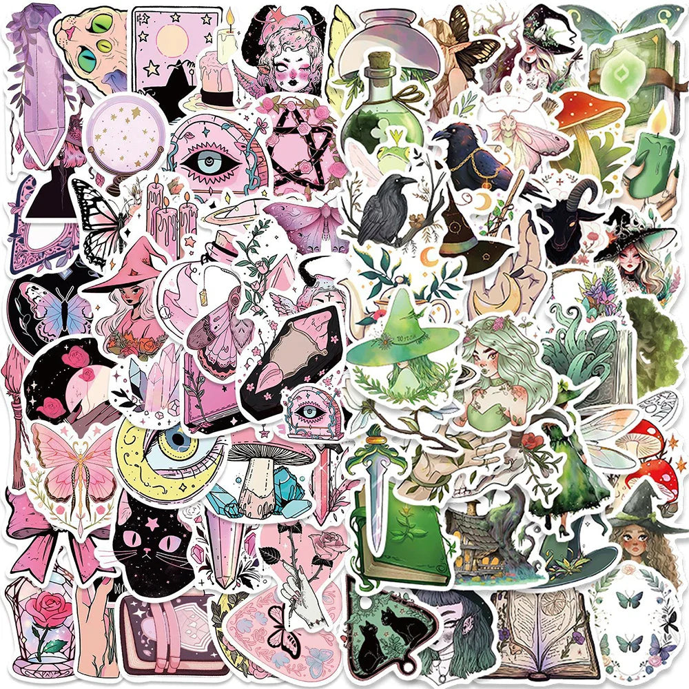 10/30/50/100pcs Cute Art Gothic Pink Green Magic Witch Aesthetic Stickers Cartoon Decal Laptop Phone Suitcase Decoration Sticker (ONLINE ORDER ONLY)