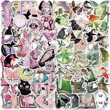 10/30/50/100pcs Cute Art Gothic Pink Green Magic Witch Aesthetic Stickers Cartoon Decal Laptop Phone Suitcase Decoration Sticker (ONLINE ORDER ONLY)