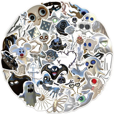 Halloween Horror Silver Stickers: Ghost Waterproof Decals for Skateboard, Suitcase, Phone, Laptop (Online Order Only)