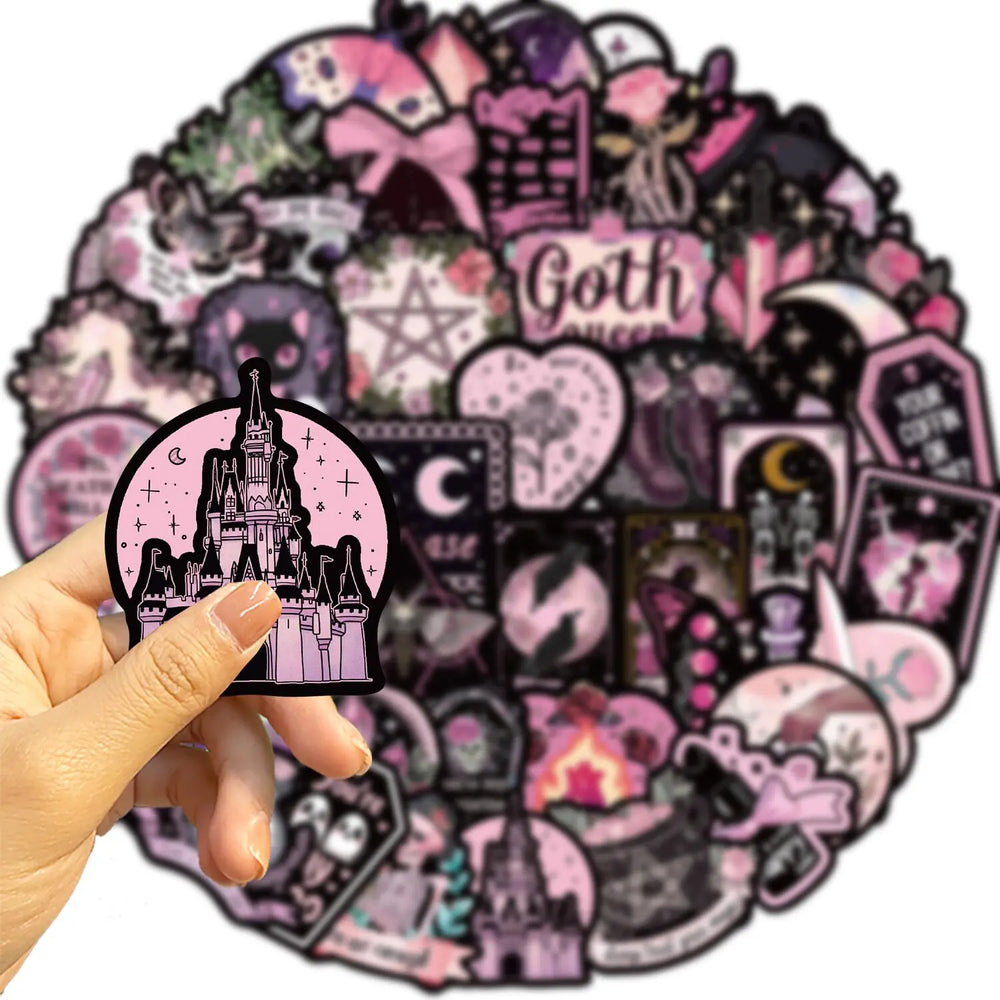 10/50pcs Cool Dark Pink Gothic Skull Graffiti Stickers Halloween Tarot Goth Decals DIY Scrapbook Luggage Waterproof PVC Sticker (ONLINE ORDER ONLY)