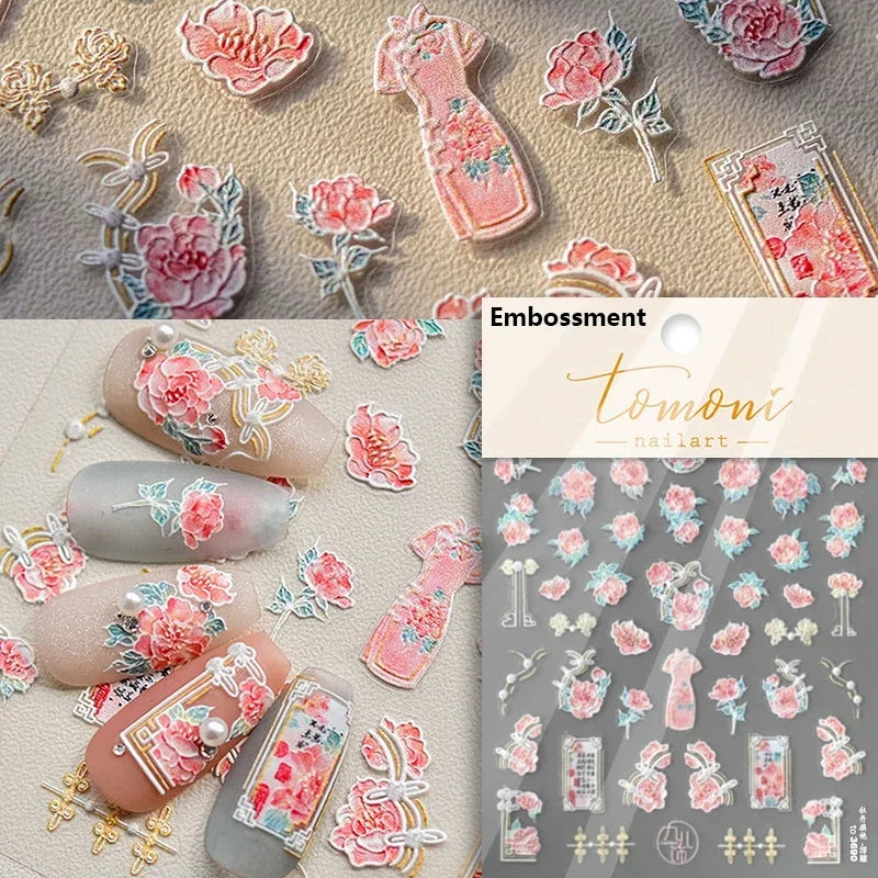 Gradient Coloredful Flower Petal Green Leaf Dreamy Shiny Chinese Rose Fantasy Relief Adhesive Nail Art Stickers Manicure Decals (Online Order Only)