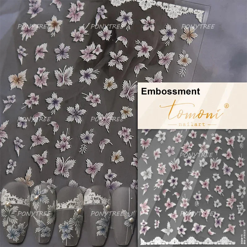 Embroidered Butterfly Flower Colourful Gradient Morning Glory Leaves Self Adhesive Nail Art Stickers Rhinestone Manicure Decals (ONLINE ORDER ONLY)