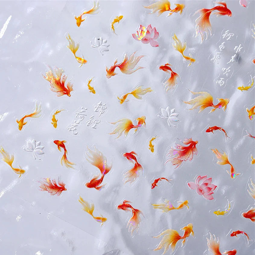 Pink Lotus Flower Red Gold Koi Carp Fish Tail Fancy Carp Self Adhesive Nail Art Decorations Stickers Manicure Decals Wholesale (ONLINE ORDER ONLY)