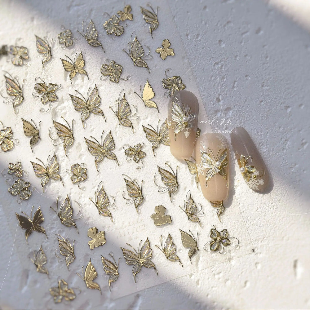 Charming Golden Gradient Shiny Rhinestone Jelly Butterfly Flower Petal Bowknot 3D Self Adhesive Nail Art Sticker Manicure Decals (ONLINE ORDER ONLY)