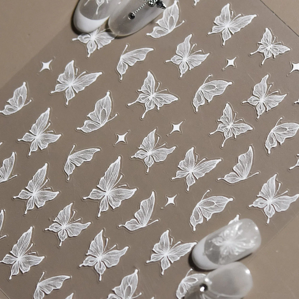 Chic Beautiful White Butterfly Shiny Lace Star Adhesive Nail Art Stickers Animals Charm Snowflake Manicure Decals Nail Supplies (Online Order Only)