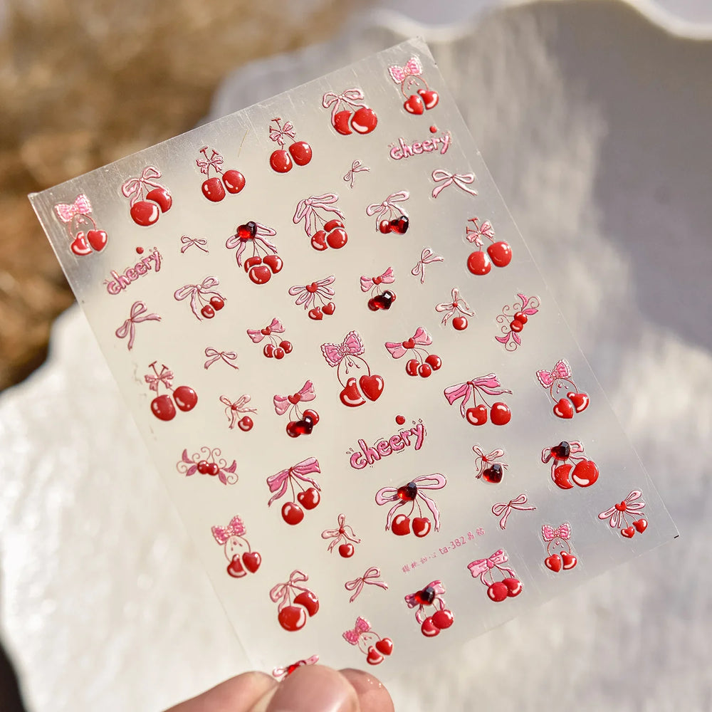 Lovely Red Heart Crystal Cherry Fruit Bowknot Letter Gold Pink Self Adhesive Nail Art Sticker Delicate Rhinestone Manicure Decal (ONLINE ORDER ONLY)