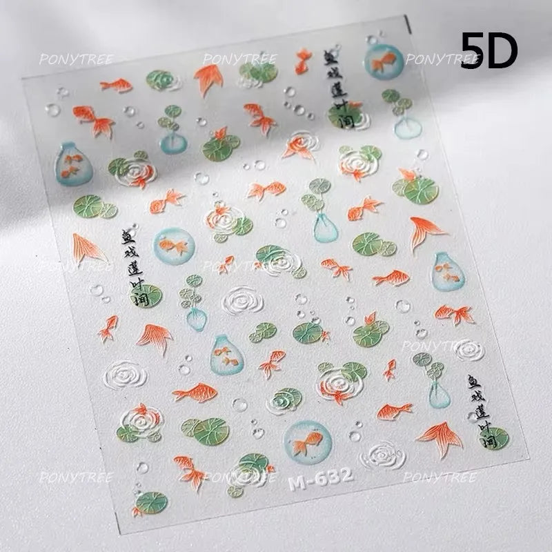 Pink Lotus Flower Red Gold Koi Carp Fish Tail Fancy Carp Self Adhesive Nail Art Decorations Stickers Manicure Decals Wholesale (ONLINE ORDER ONLY)