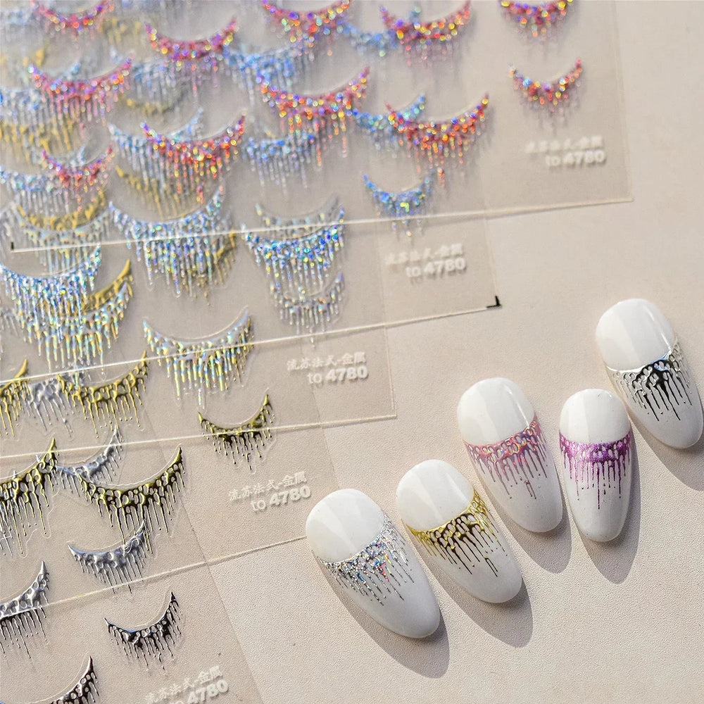French Romantic Tassel Crescent Moon Laser Charming Gold Silver Arc Self Adhesive Nail Art Stickers Hot Stamping Manicure Decals (Online Order Only)