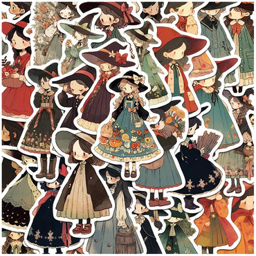 10/30/50pcs Cute Vintage Cartoon Witch Girl Anime Stickers Decals Laptop Phone Suitcase Guitar Car Cool Decoration Sticker Toys (ONLINE ORDER ONLY)