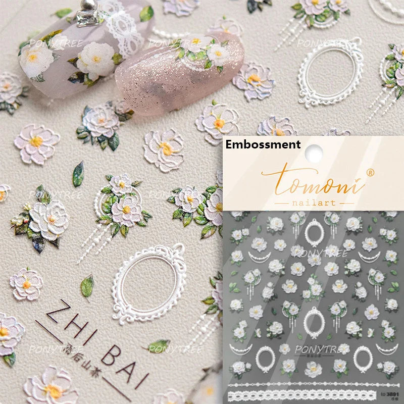 Camellia Tea After Rain Fragrant Flower Paint in Gold White Antique Chinese Characters Adhesive Nail Art Stickers Manicure Decal (ONLINE ORDER ONLY)
