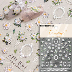 Oil Painting Style Rose Camellia Flower Vase Romantic Candle Holder Bowknot Embossed Adhesive Nail Art Stickers Manicure Decals (ONLINE ORDER ONLY)