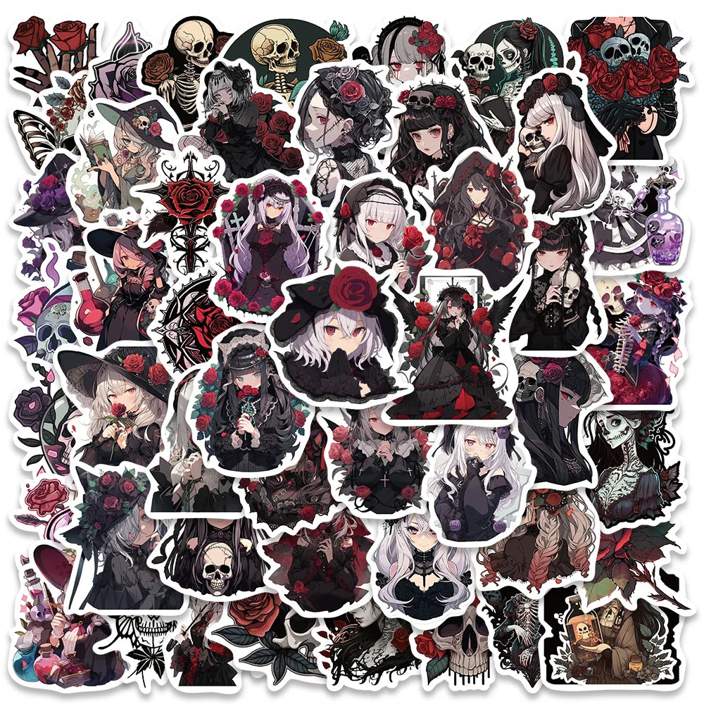 50PCS Gothic Rose Halloween Stickers for Laptop, Luggage, Skateboard, Kids Toys (ONLINE ORDER ONLY)