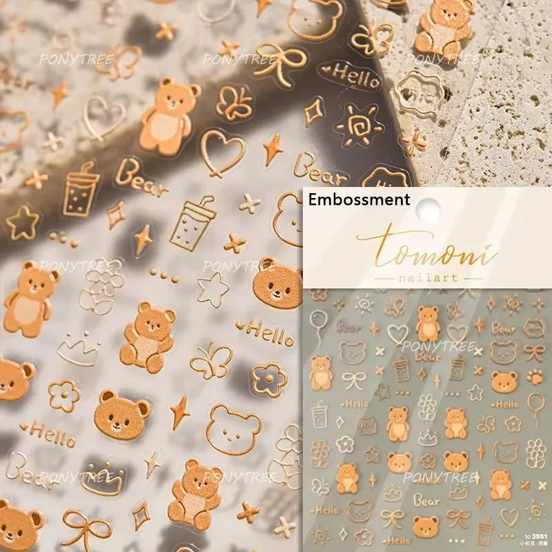 Lovely Bear Strawberry Cake Rose Flower Grid Block Bowknot Embossed Relief Self Adhesive Nail Art Sticker Cute 3D Manicure Decal (ONLINE ORDER ONLY)