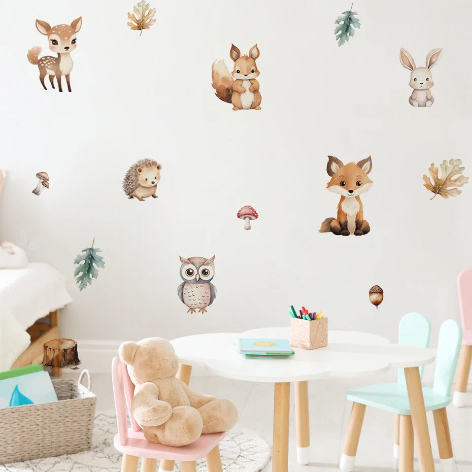 Cartoon Safari Animals Wall Stickers: Fox, Rabbit, Owl Nursery Decor (Online Order Only)