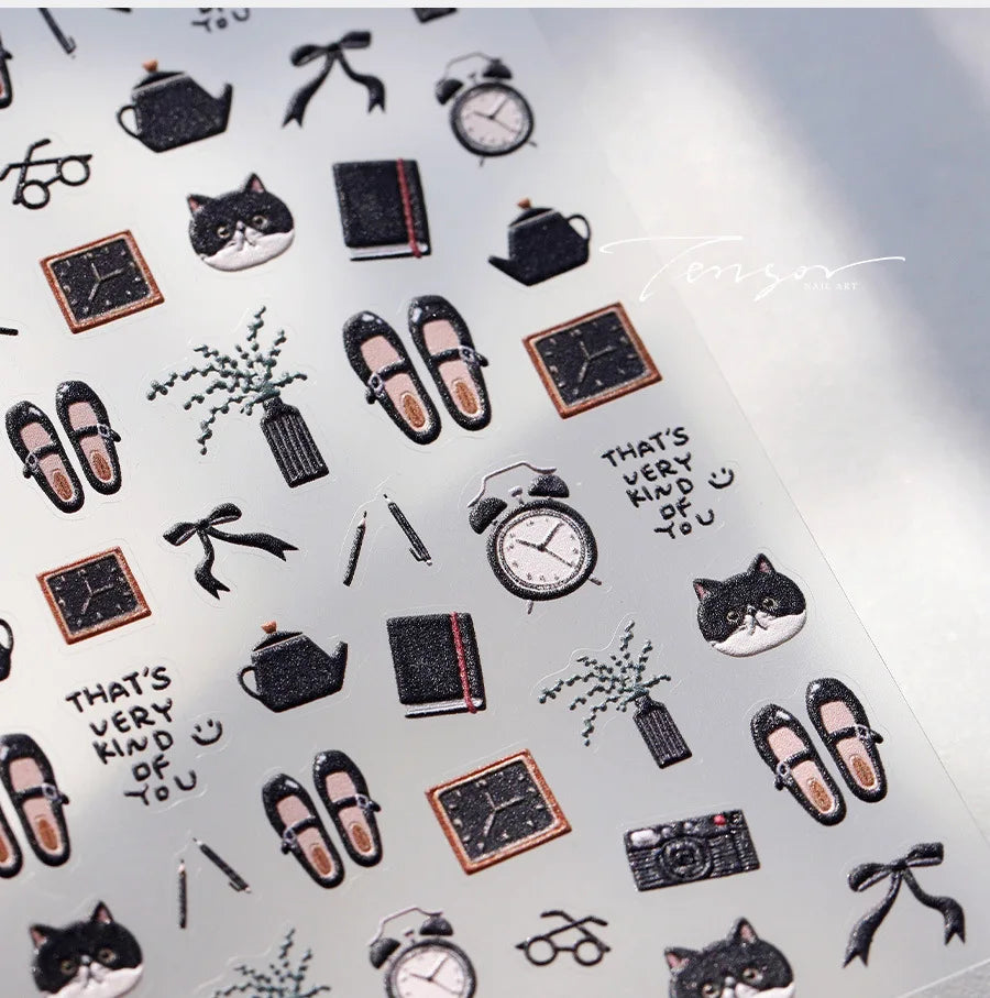 Black Cat Kitten Glasses Camera Timepiece Shoe Notebook Vase Pen Teapot Bowknot Item Adhesive Nail Art Stickers Manicure Decals (Online Order Only)