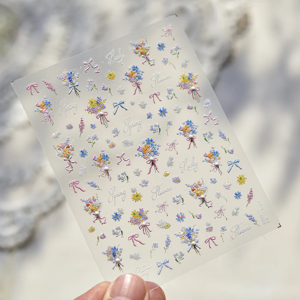 Colourful Field Bouquet Flower Spring Field Violet Daisy Bowknot Butterfly 5D Relief Adhesive Nail Art Stickers Manicure Decals (ONLINE ORDER ONLY)