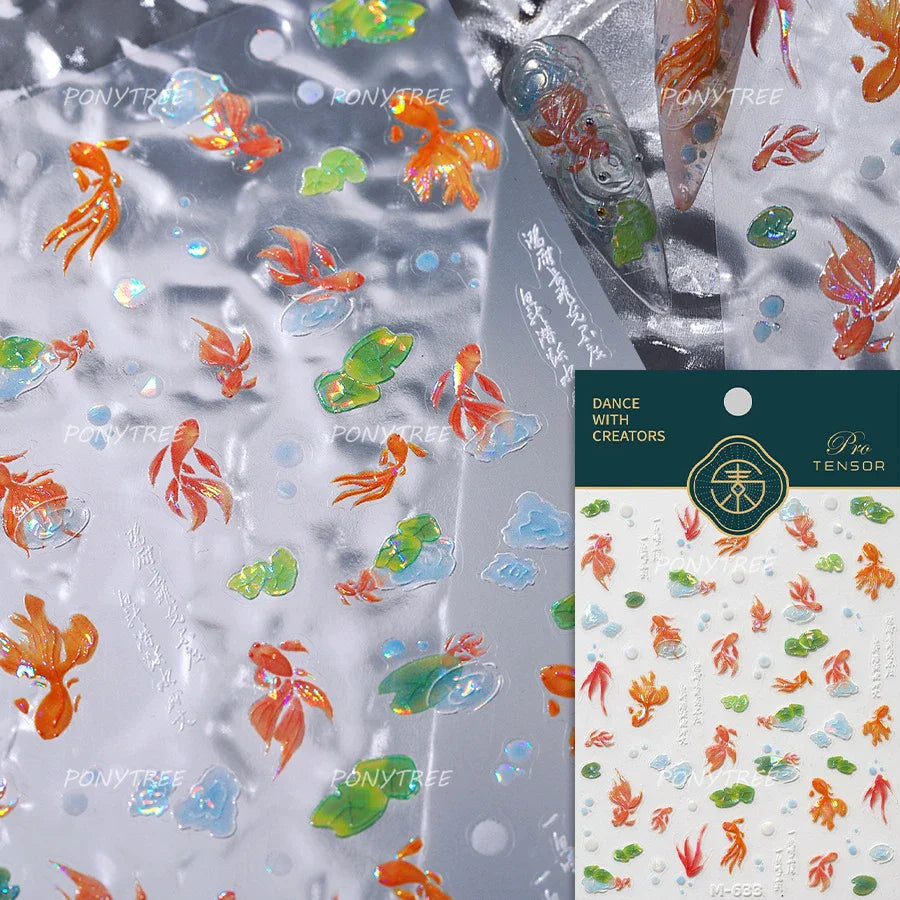 Lotus Leaf Brocaded Carp Koi Playing Goldfish Cavort Ripple Droplet Water Bubbles Self Adhesive Nail Art Stickers Manicure Decal (Online Order Only)