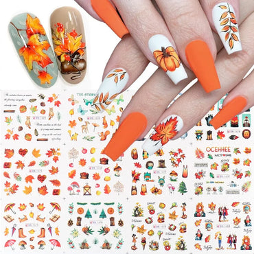 12pcs Fall Gold Leaves Nail Stickers Sliders for Manicure Maple Leaf Nail Art Water Transfer Decals Foils Autumn Decorations (Online Order Only)