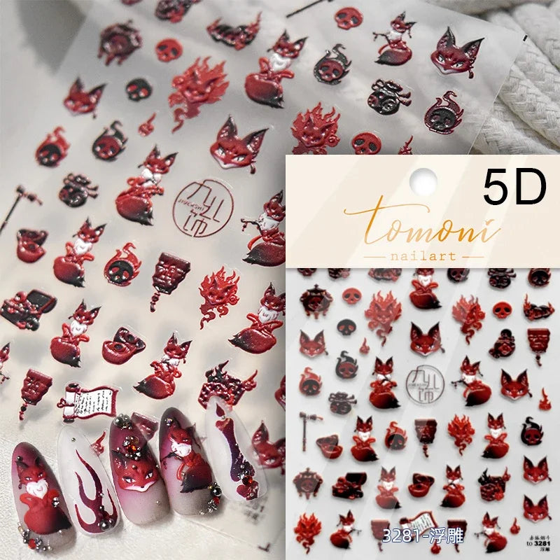 Red Plum Blossom Flower Chinese 3D Self Adhesive Nail Art Decoration Stickers Cheongsam Iris Lily Lotus Vase 5D Manicure Decals (ONLINE ORDER ONLY)