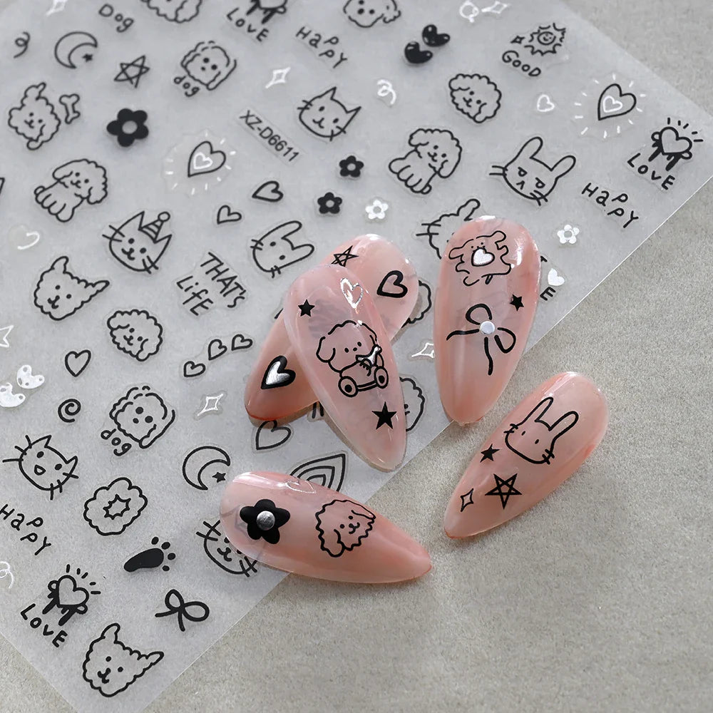 1Pc 3D Cute Black Silver Smile Dog Decals Y2K Cartoon Cat Footprint Nail Stickers Graffiti Star Heart DIY Manicure Slider Decor* (ONLINE ORDER ONLY)