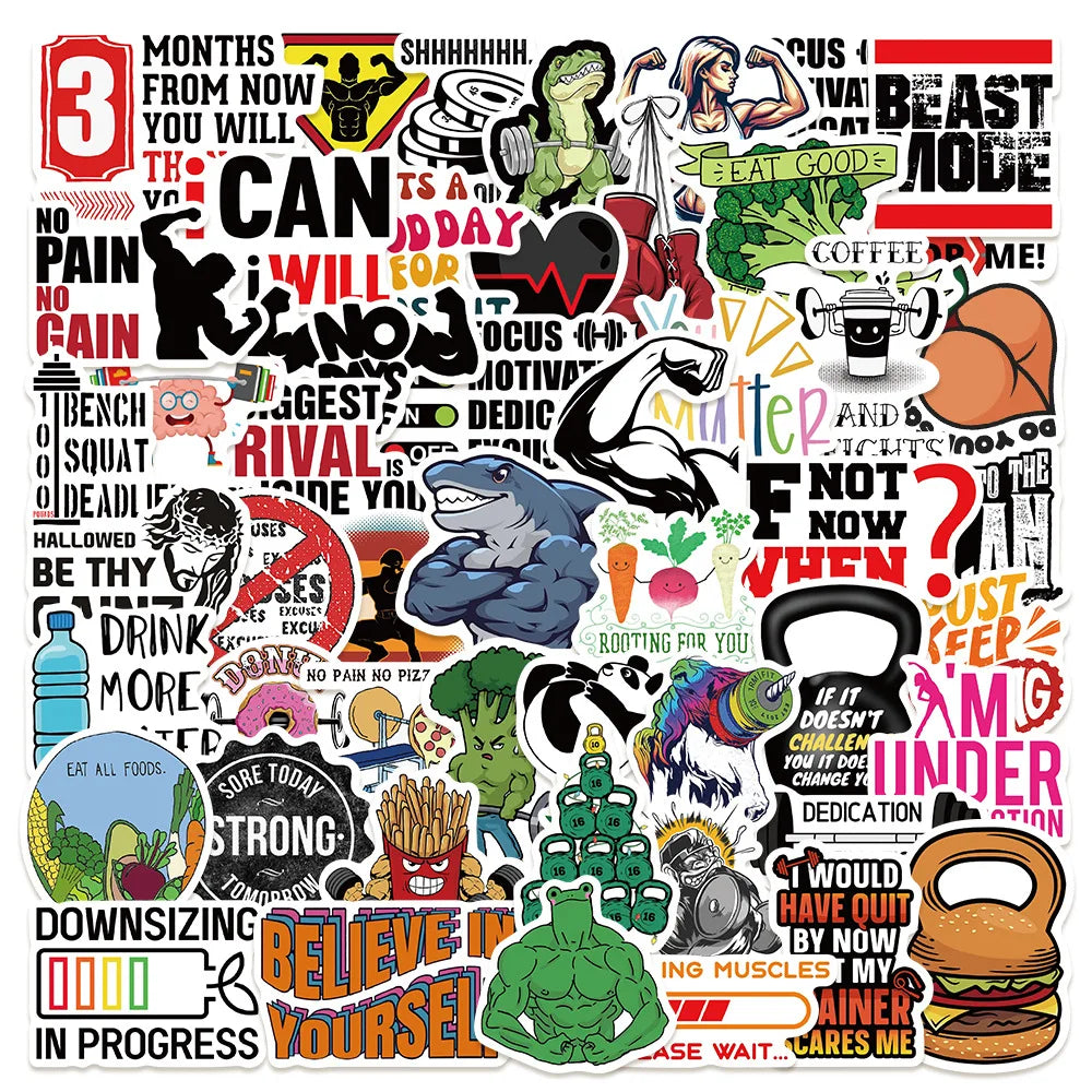 Fitness Stickers 10/30/50PCS for Phone, Laptop, Skateboard, Guitar, Fridge, Car, Helmet, Bike (ONLINE ORDER ONLY)