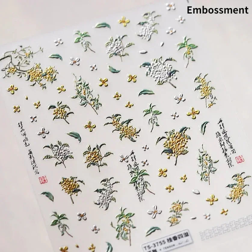 Autumn Fall Maple Leaves Ginkgo Leaf Osmanthus Chrysanthemums Rabbit Bunny Plant Flower Relief Nail Art Sticker Decoration Decal (ONLINE ORDER ONLY)