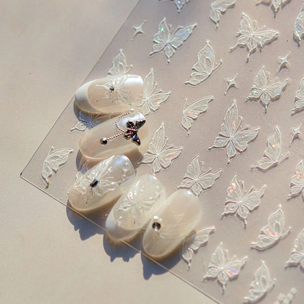 Chic Beautiful White Butterfly Shiny Lace Star Adhesive Nail Art Stickers Animals Charm Snowflake Manicure Decals Nail Supplies (Online Order Only)