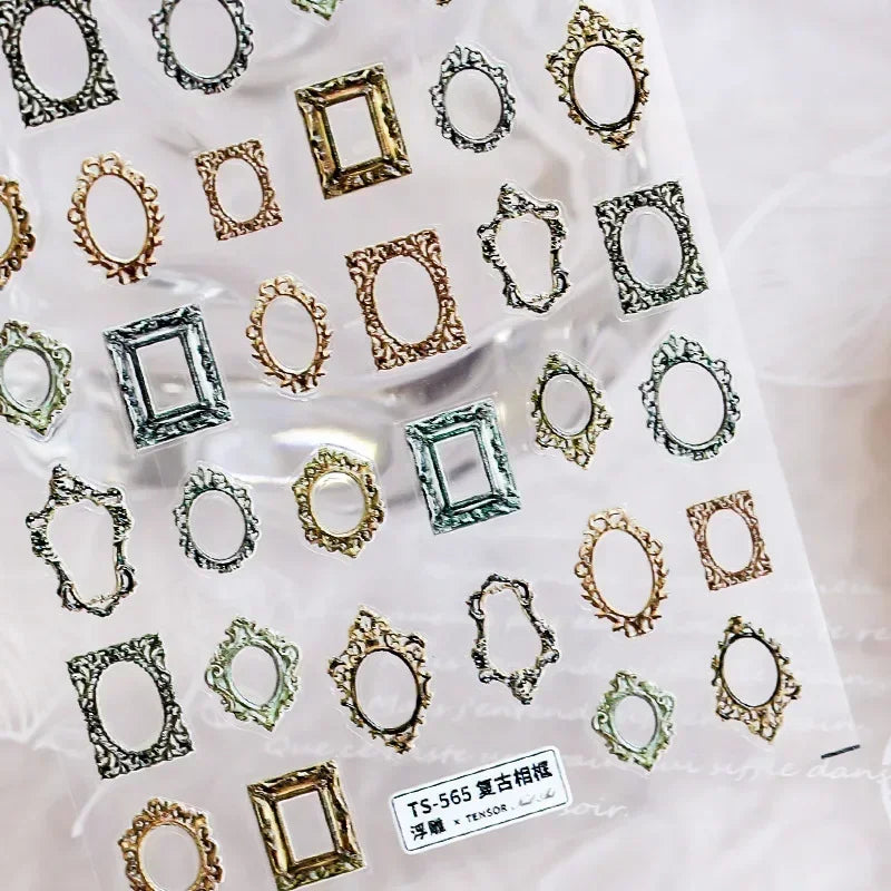 Chic Retro Rose Photo Frame Dried Flower Petal Self Adhesive Nail Art Stickers 5D Hot Stamping Relief Rhinestone Manicure Decals (Online Order Only)