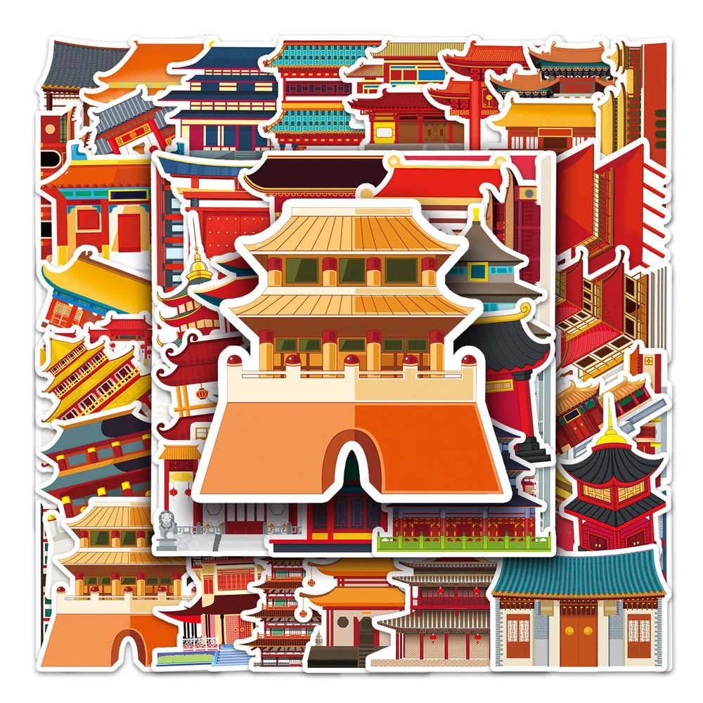 50Pcs Architecture Cartoon Waterproof Vinyl Stickers for Skateboard Snowboard (Online Order Only)