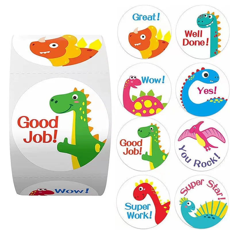 100-500pcs Cute Dinosaur Pattern Reward Encouragement Sticker Roll for Kids Motivational Stickers with Cute Animals for Students (ONLINE ORDER ONLY)