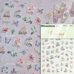 Retro Chinese Characters Charming Rich Peony Delicate Rose Flowers Soft Relief Adhesive Nail Art Stickers Chic Manicure Decals (ONLINE ORDER ONLY)