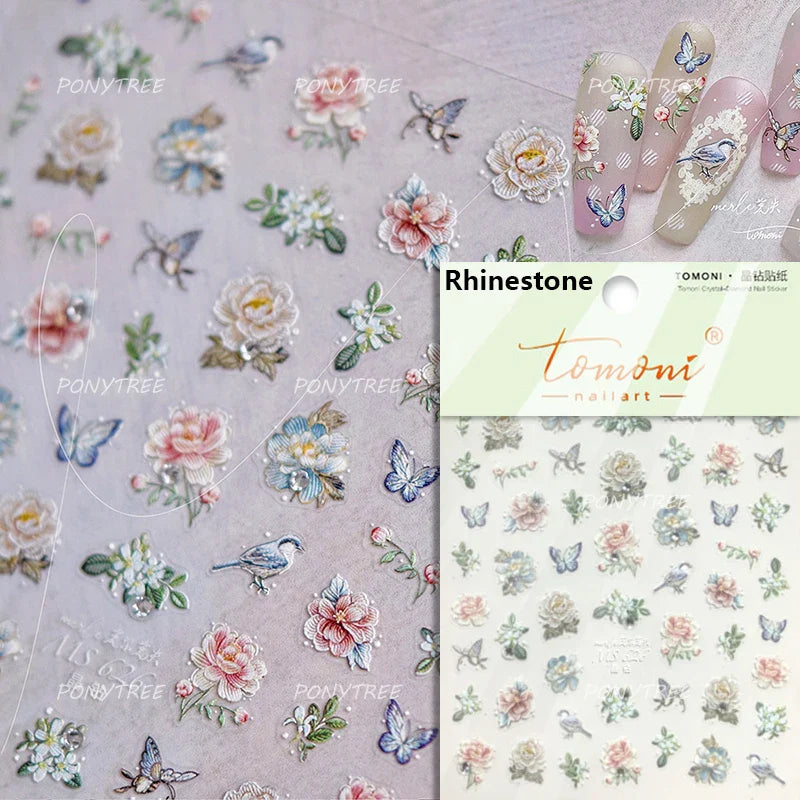 Pink Rose Flower Rambler Heart Bowknot Butterfly Shiny Soft Relief Adhesive Nail Art Stickers Romantic Spring 3D Manicure Decals (ONLINE ORDER ONLY)
