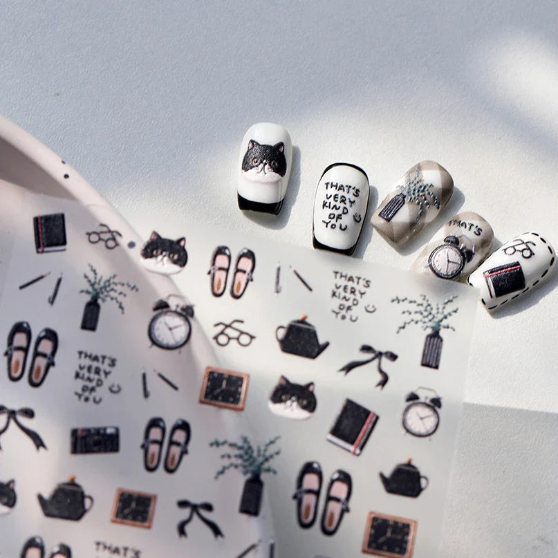 Black Cat Kitten Glasses Camera Timepiece Shoe Notebook Vase Pen Teapot Bowknot Item Adhesive Nail Art Stickers Manicure Decals (Online Order Only)