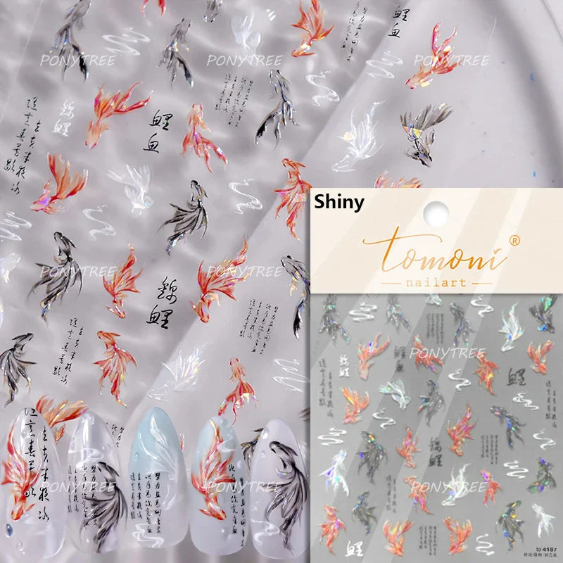 Lotus Leaf Brocaded Carp Koi Playing Goldfish Cavort Ripple Droplet Water Bubbles Self Adhesive Nail Art Stickers Manicure Decal (Online Order Only)