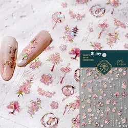 Romantic Pink Peach Blossom Tower Circular Fan Hollowed Window Tassel Pendant Antique Tree Chic Nail Art Stickers Manicure Decal (ONLINE ORDER ONLY)