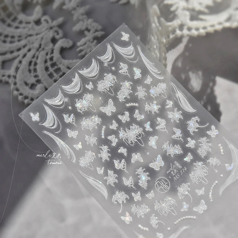 Cute 3D White Rose Flower Lace Bud Silk Bowknot Butterfly Dreamy Shiny Relief Chic Self Adhesive Nail Art Sticker Manicure Decal (ONLINE ORDER ONLY)
